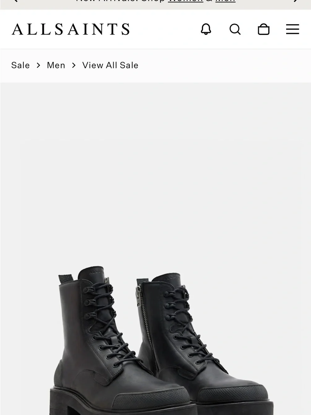 AllSaints Black Leather Lug-Soled Lace-Up Boots